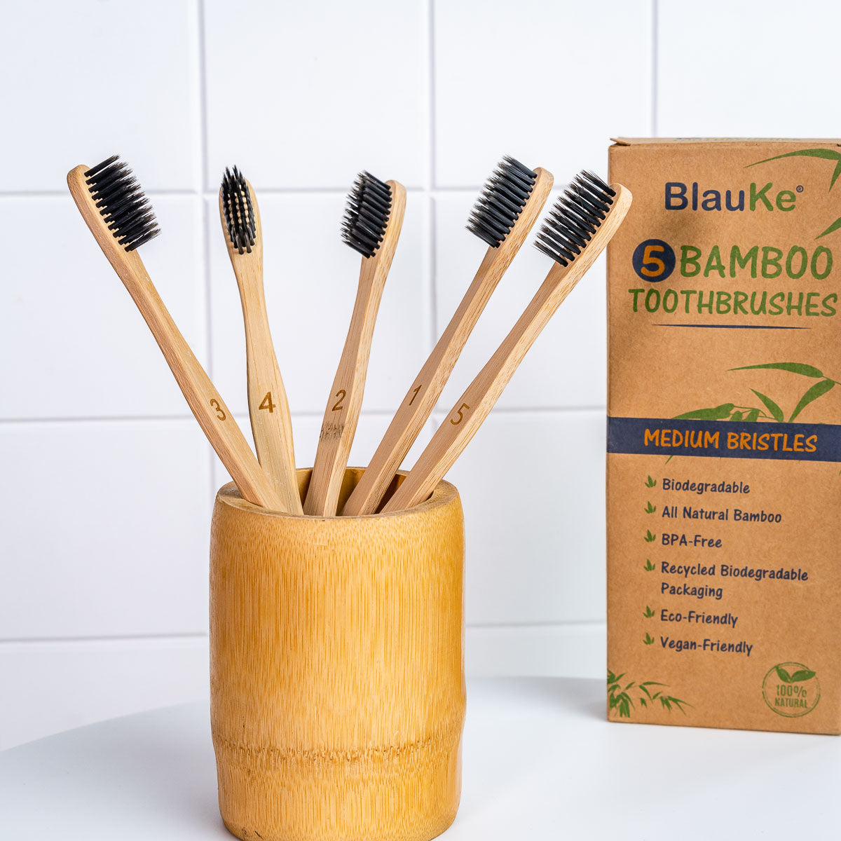 Bamboo Toothbrush Set 5-Pack - Bamboo Toothbrushes Medium Bristles